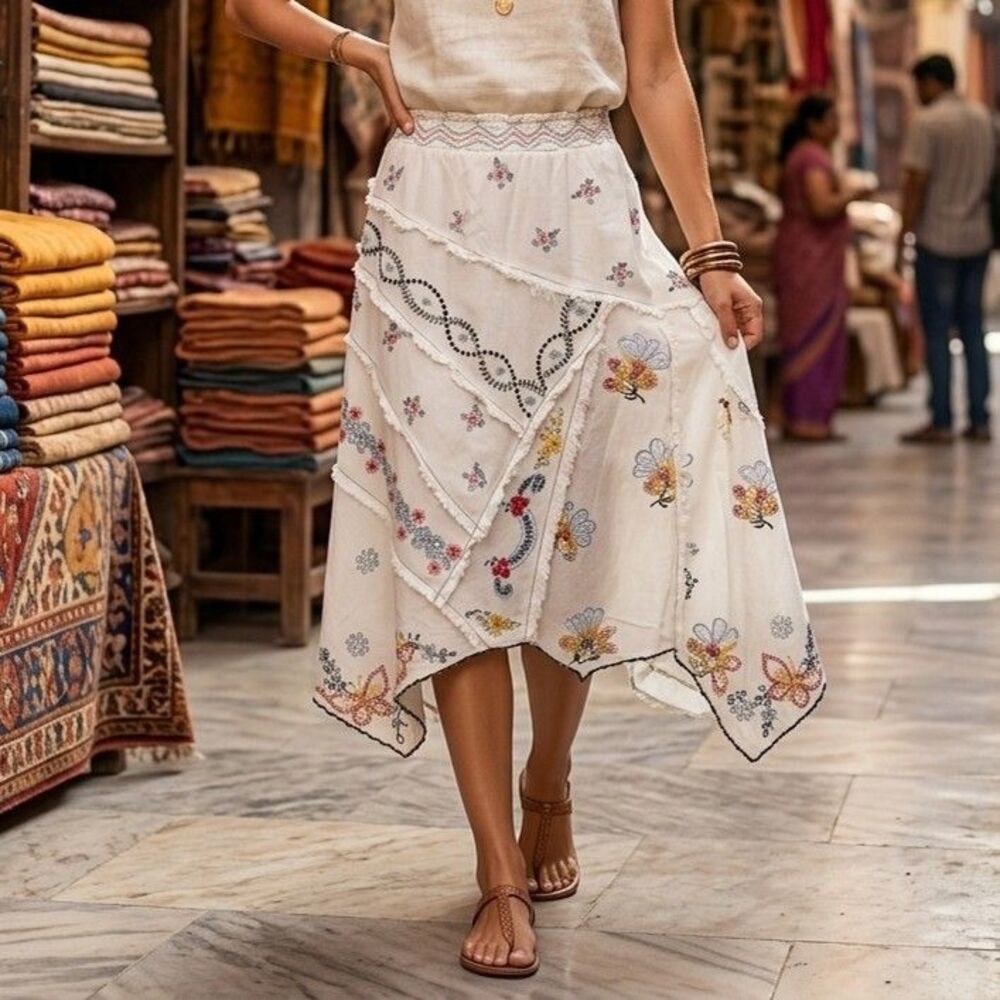 By Anthropologie Floral Embroidered Midi Skirt Asymmetrical Cotton XS 291379